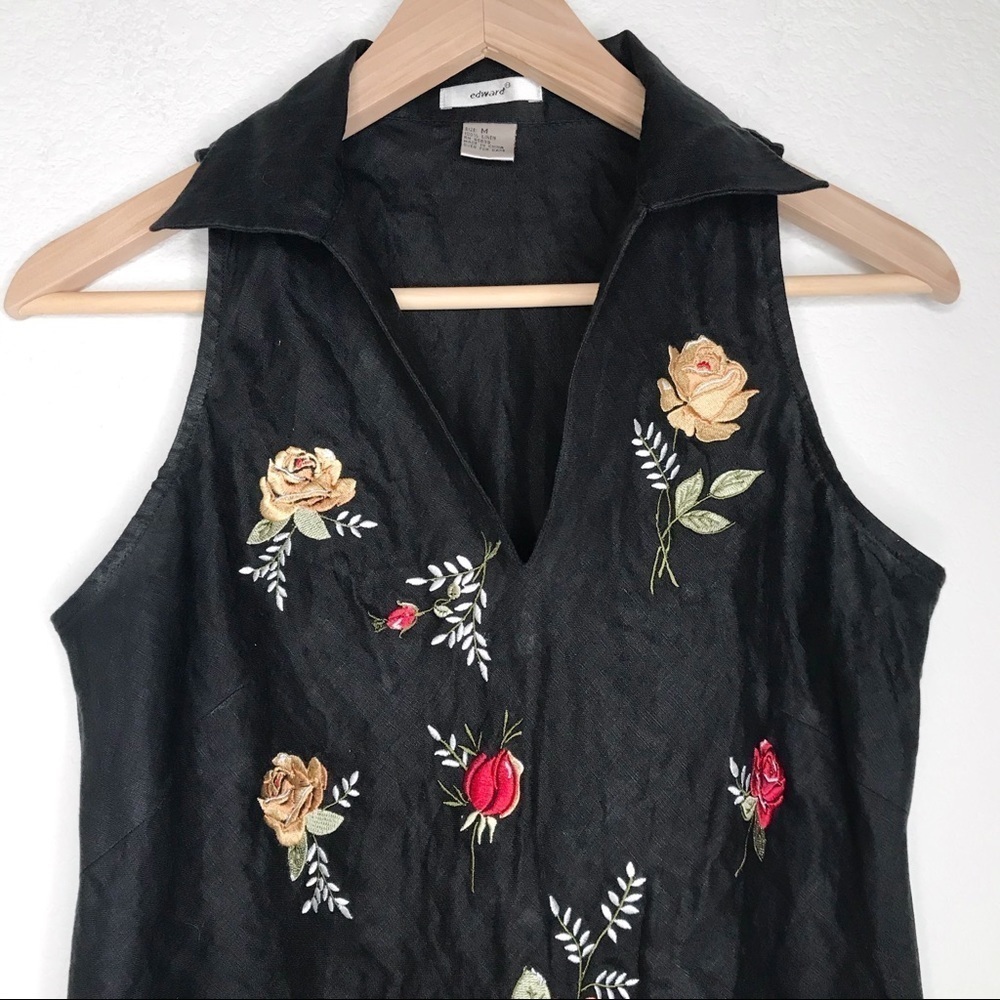 Edward black sleeveless linen floral top medium - Picture 2 of 12